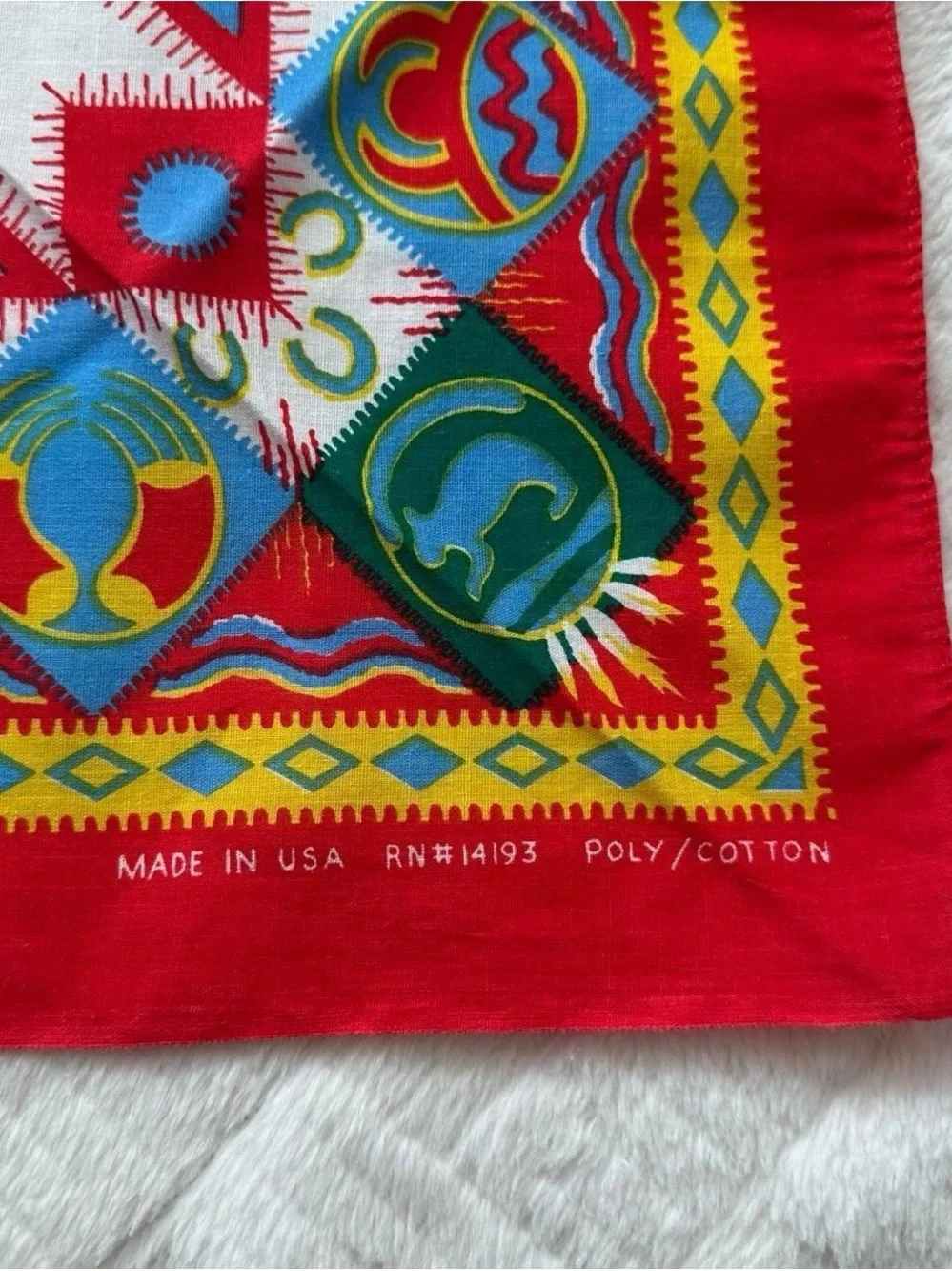 Vintage 1990s Vibrant western Geometric Silk Scarf in Red, Green, Blue, Yellow